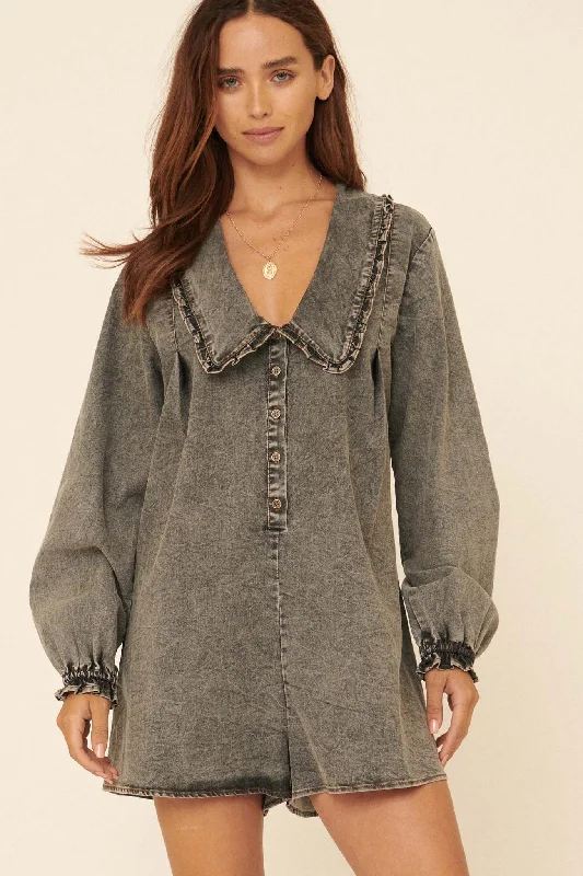 Fun Frolic Acid-Wash Denim Ruffled Romper Sleeveless wide leg jumpsuit, Summer fashion, Stylish, Comfortable Fun Frolic Acid-Wash Denim Ruffled Romper Sleeveless wide leg jumpsuit, Summer fashion, Stylish, Comfortable