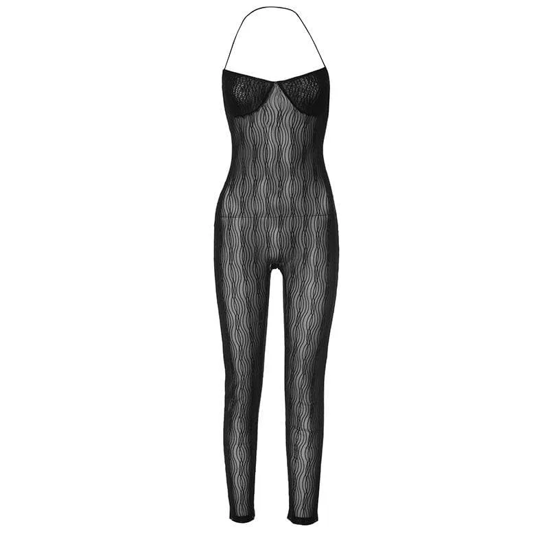 Halter mesh see through textured jumpsuit Denim jumpsuit, Casual, Street style, Comfortable Halter mesh see through textured jumpsuit Denim jumpsuit, Casual, Street style, Comfortable