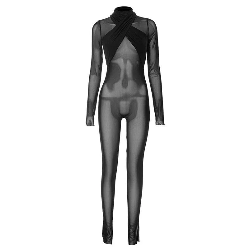 Long sleeve high neck cross front mesh see through jumpsuit Vintage style jumpsuit, Retro chic, Casual, Comfortable Long sleeve high neck cross front mesh see through jumpsuit Vintage style jumpsuit, Retro chic, Casual, Comfortable