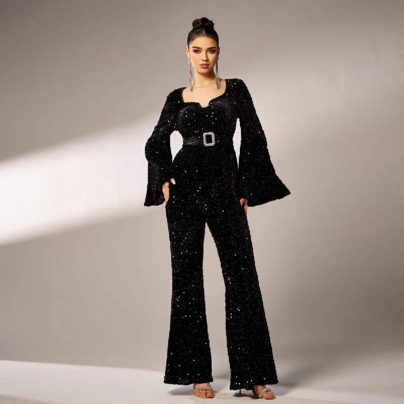 Long Sleeve Square-neck Slim-fit Sheath Banquet Sequined Jumpsuit Button-down jumpsuit, Casual style, Comfortable, Trendy Long Sleeve Square-neck Slim-fit Sheath Banquet Sequined Jumpsuit Button-down jumpsuit, Casual style, Comfortable, Trendy