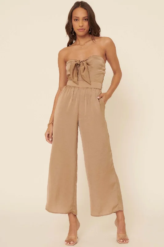 Luxe Life Strapless Tie-Front Satin Jumpsuit Back tie jumpsuit, Feminine, Trendy, Chic Luxe Life Strapless Tie-Front Satin Jumpsuit Back tie jumpsuit, Feminine, Trendy, Chic