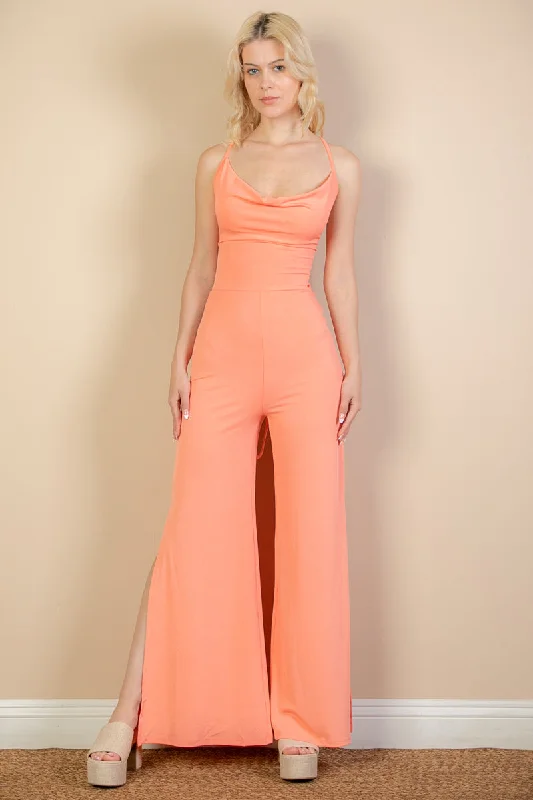 Ribbed Backless Jumpsuit with Cowl Neck and Split Wide Legs Plunging neck jumpsuit, Sexy, Fashionable, Party attire Ribbed Backless Jumpsuit with Cowl Neck and Split Wide Legs Plunging neck jumpsuit, Sexy, Fashionable, Party attire